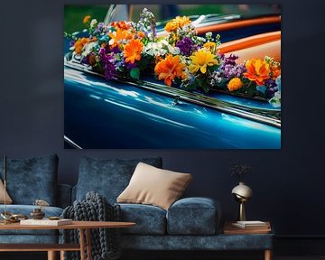 Colourful flowers on classic car bodywork by Poster Art Shop