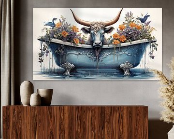 Majestueuze stier met horens en heldere bloemen zittend in de badkuip, art design schilderij van Animaflora PicsStock