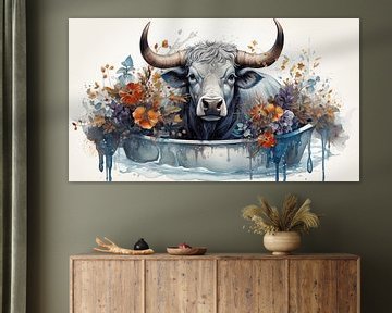 Majestueuze stier met horens en heldere bloemen zittend in de badkuip, art design schilderij van Animaflora PicsStock