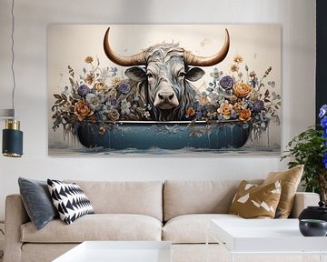 Majestueuze stier met horens en heldere bloemen zittend in de badkuip, art design schilderij van Animaflora PicsStock