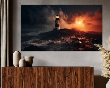 Lighthouse at night in the fog of a North Sea storm with a mystical sky by Animaflora PicsStock