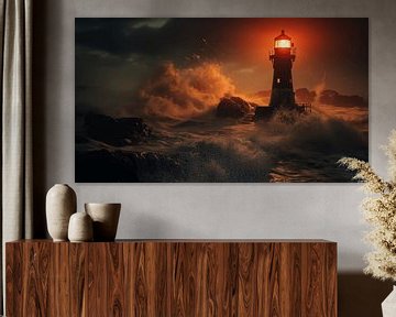 Lighthouse at night in the fog of a North Sea storm with a mystical sky by Animaflora PicsStock