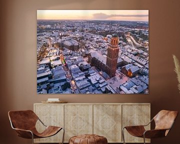 Zwolle Peperbus kerktoren tijdens een koude winter zonsopgang van Sjoerd van der Wal Fotografie