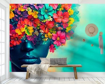 Bloemenkrans op een menselijk hoofd van Poster Art Shop