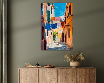 Kleurrijk gekleed wasgoed in steegje van Poster Art Shop