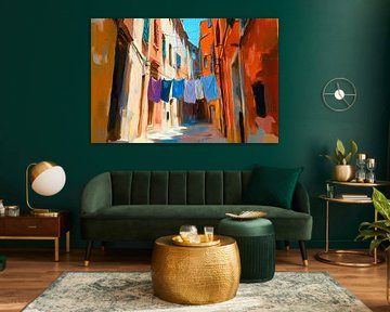 Colourful washing line in a narrow alleyway by Poster Art Shop