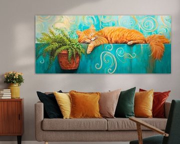 Lazy red tomcat with plant by Poster Art Shop