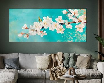 Cherry blossom branch on turquoise - Soft by Poster Art Shop