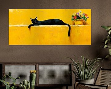 Zwarte kat op gele achtergrond van Poster Art Shop