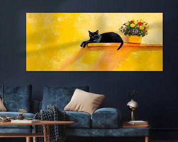 Zwarte kat op vensterbank met bloemen van Poster Art Shop