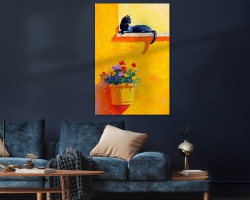 Zwarte kat op vensterbank - Kleurrijk van Poster Art Shop