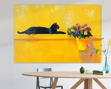Schwarze Katze vor gelbem Hintergrund von Poster Art Shop
