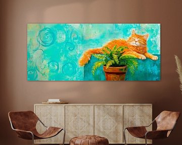 Zonnige oranje kater met plant van Poster Art Shop