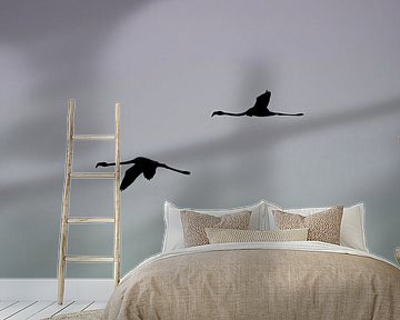 Eleganz in Bewegung Silhouette von Flamingo's gegen einen kühlen Himmel