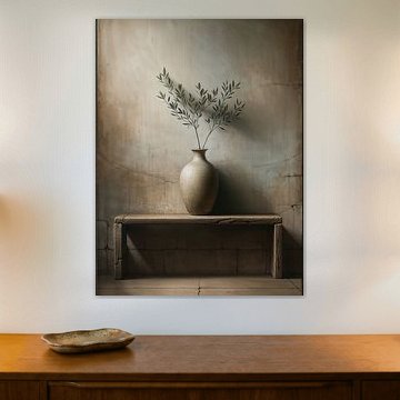 Olivenzweig in Vase - ländlich rustikales mediterranes Stillleben