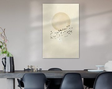 Minimalistisch Maanlicht: Vogels in Vlucht - Japandi Digitale Muurkunst van Rozy art