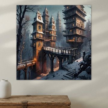 une ville dans une forêt hivernale