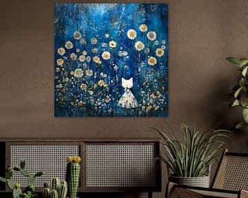 Dromerige Veldbloemen | De Witte Kat tussen Madeliefjes van Karina Brouwer