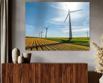 Tulpen in landbouwvelden met windturbines op de achtergrond