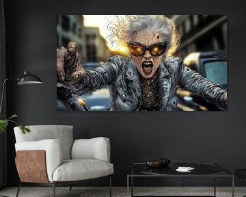 Angry elderly woman on motorbike by Frank Heinz