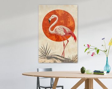 Flamingo bij Rode Zon Vintage Natuurkunst van Eva Lee