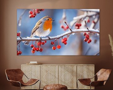 Erithacus rubecula Roodborstje op een besneeuwde tak in de winter van Animaflora PicsStock