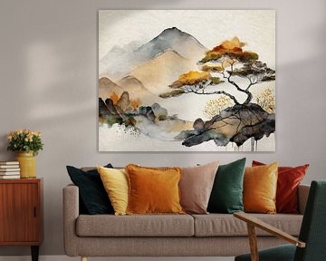 Japandi Art schilderij: Japans ZEN Berglandschap van Studio Pieternel