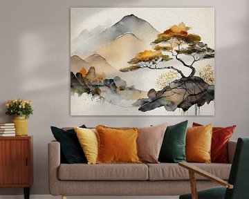 Japandi Art schilderij: Japans ZEN Berglandschap van Studio Pieternel