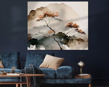 Japandi Art schilderij: Japans ZEN Berglandschap van Studio Pieternel