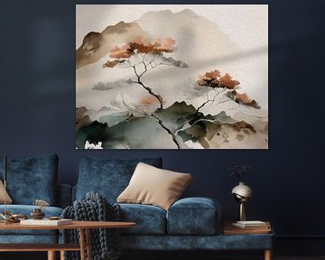 Japandi Art schilderij: Japans ZEN Berglandschap van Studio Pieternel