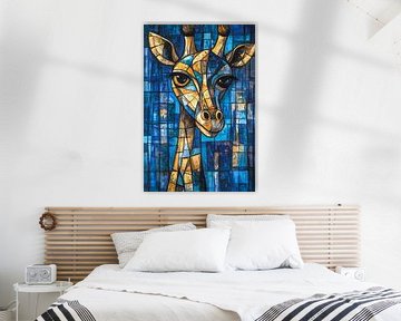 Kubistisch giraffe schilderij blauw-geel van Imperial Art House
