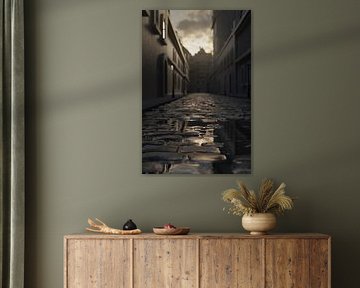 Puddle in the evening light in an alley with cobblestones by Besa Art