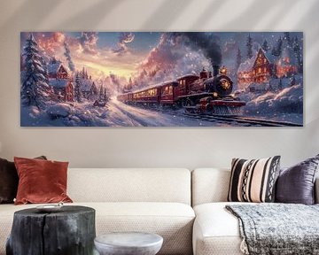 Kersttrein doorkruist een winters wonderland