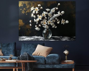 white flowers and feathers in glass vase still life.