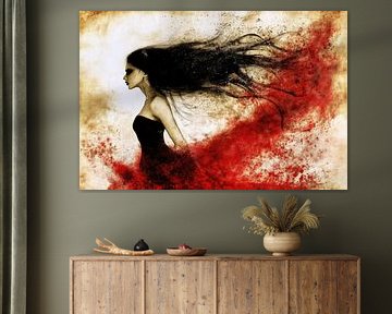 Gothic woman with flowing hair and splashes of red colour by Frank Heinz