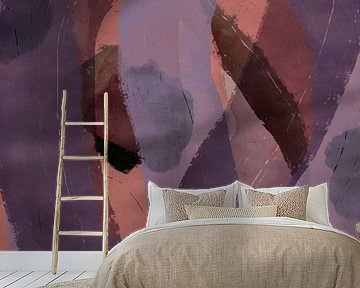Modern abstract painting in rusty brown, lilac, soft terracotta.