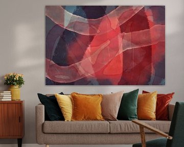 Modern abstract schilderij in rood, roestbruin, paars, blauw. van Dina Dankers