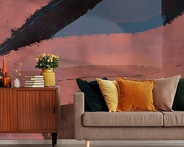 Modern abstract painting in pink, brown, blue.