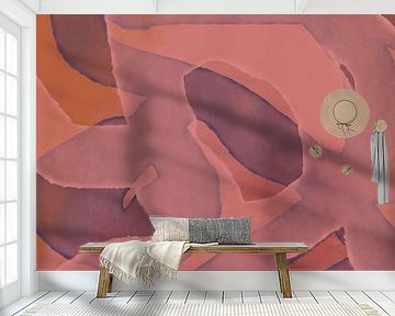 Modern abstract painting in pink, purple, terracotta.