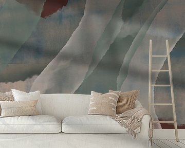 Modern abstract painting in white, green, grey and brown.
