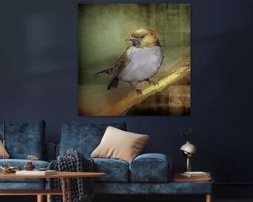 Warm en sfeervol schilderij van een lief klein vogeltje op gouden tak van Studio Pieternel