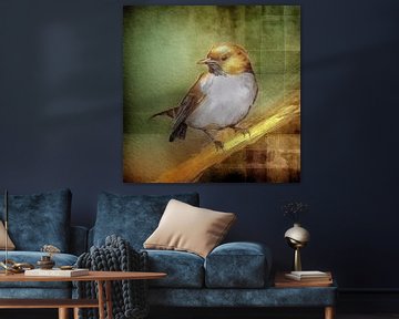 Warm en sfeervol schilderij van een lief klein vogeltje op gouden tak van Studio Pieternel