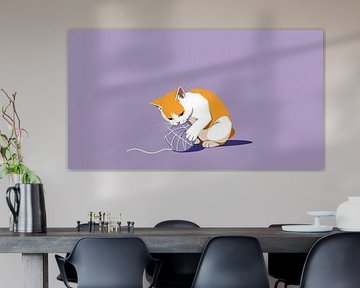 Modern illustration an orange cat playing with ball of wool.
