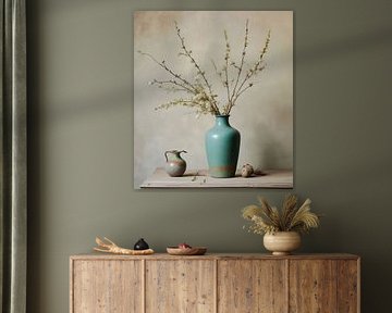 still life vase with branches blossom milk jug on wooden tabletop early dew colours. by J.a Dijkstra