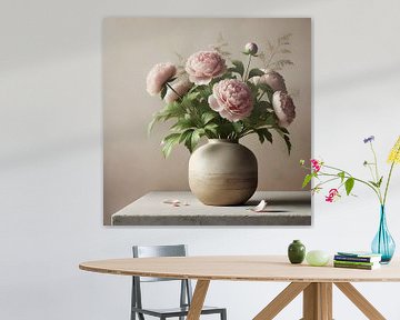 Rustgevende Bloemen stilleven – Zachtroze Pioenrozen in Aardewerken Vaas van Solis Art