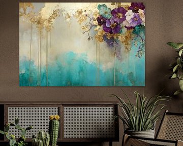 Bloemen in goud en turquoise van Imperial Art House