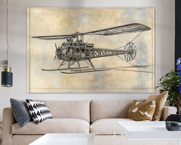 Gedetailleerde technische tekening, schets van één van de eerste helikopters van Peter Pen tekeningen en schilderijen