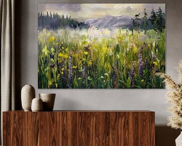 Mistig veld vol wilde bloemen van Imperial Art House