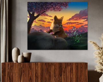 Un renard rencontre des lucioles au coucher du soleil