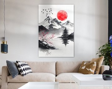Asiatische Landschaft mit Sonnenuntergang von Poster Art Shop